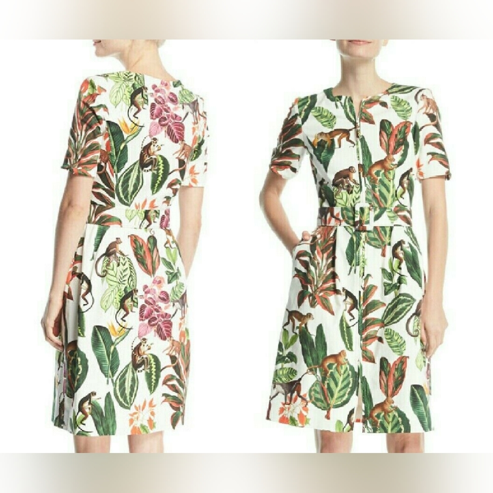 U$2,190 NEW W. PRICE OSCAR DE LA RENTA MONKEY LEAF SILK LINED DRESS US 10
